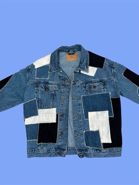 BDG Patchwork Denim Jacket in Blue, Black & White